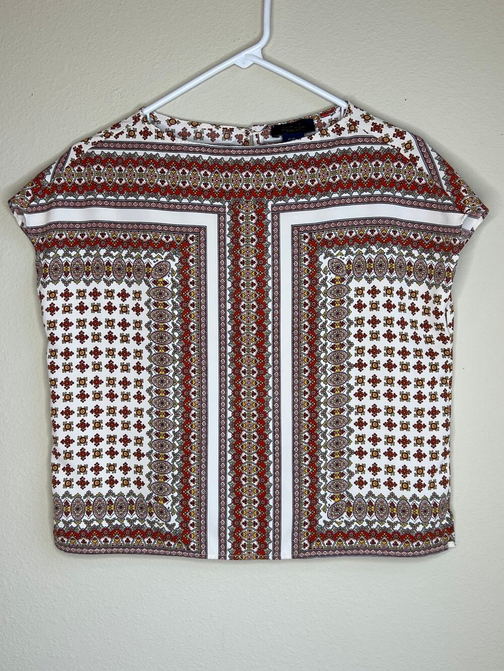 Rachel Roy Boho Tribal Geometric Border Print Cap Sleeve Blouse Size XS